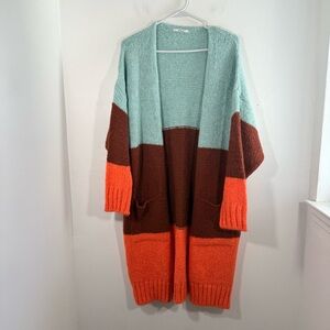 Dr Bloom Loose Fit Three Tone Striped Open Long Sweater Cardigan Medium